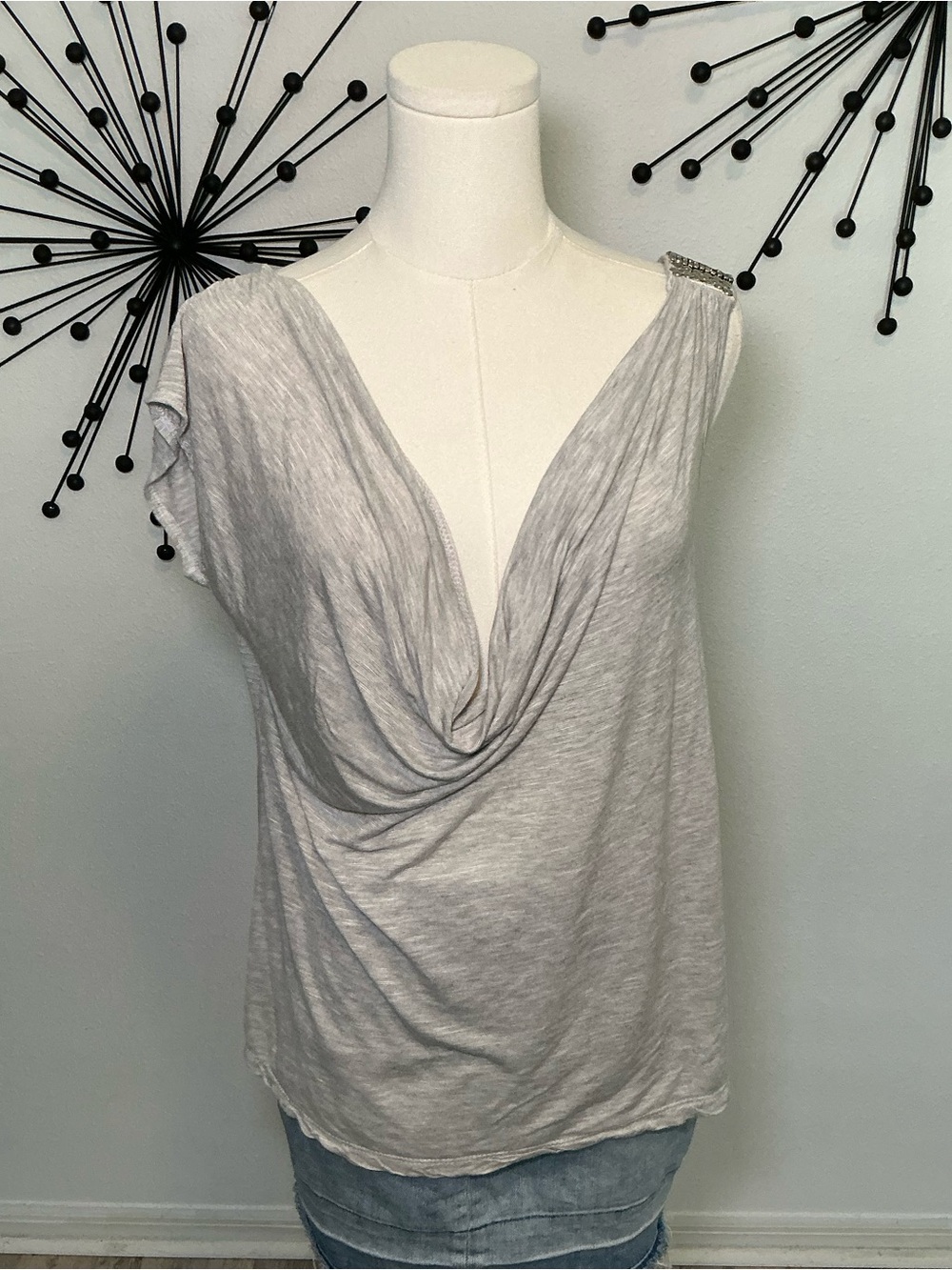 Y2K Silver Gray Draped Studded Shoulder Top Size Large No Size Tag